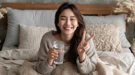 Happy Asian woman making a peace sign while drinking water on a bed with cozy pillows and throw blanketの素材
