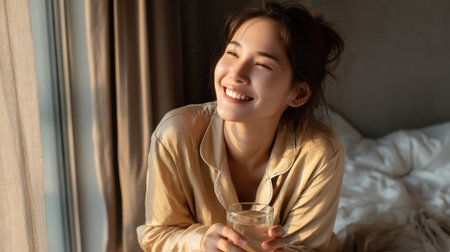 Happy Asian woman in pajamas sitting on bed, smiling while holding a glass of water, morning sunlight streaming through windowの素材