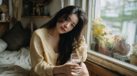 Asian woman casually sitting on window sill with glass of water, serene morning scene in bedroomの素材
