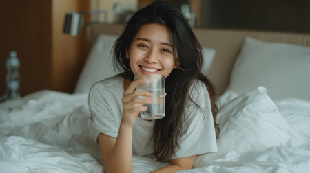 Happy Asian woman in oversized t-shirt drinking water on a bed covered with soft white sheetsの素材