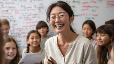 Female Asian teacher with glasses enthusiastically teaching students, whiteboard covered in notes behind, holding marker and papersの素材