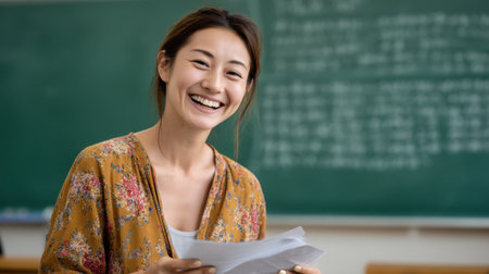 A female Asian teacher smiling warmly while explaining a lesson in front of a green chalkboard, holding chalk and paper notes in a bright classroomの素材