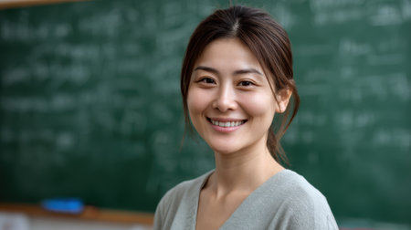 A professional Asian woman teacher teaching in front of a chalk-filled green board, casual classroom, warm and friendly moodの素材