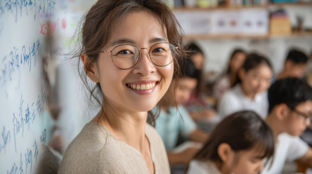 Mid-shot of a cheerful Asian female teacher with glasses teaching students, standing beside a whiteboard with handwritten notesの素材