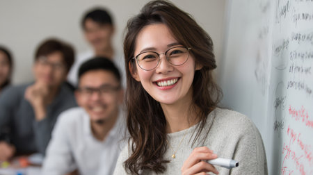 A professional Asian female teacher with glasses giving a lesson at the front of a classroom, marker in hand, whiteboard behind herの素材