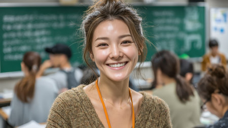 A mid-shot of a professional Asian female teacher giving a lesson at the front of a classroom, chalk in hand, green board behind herの素材