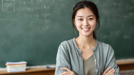 Mid-shot of a female Asian teacher in a casual classroom, chalk and paper in hand, standing confidently before a green chalkboardの素材