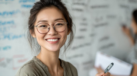 Confident female Asian teacher with eyeglasses teaching in front of a whiteboard, smiling with marker and papers in hand, mid-shot viewの素材