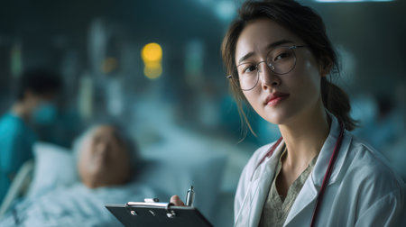 A clean hospital night scene with Asian female doctor in glasses, white lab coat, holding clipboard beside a patient bed under soft lightingの素材
