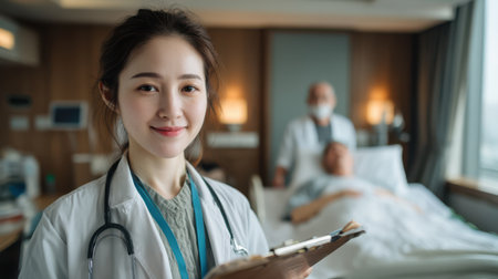 1. A realistic scene of an Asian doctor standing beside a patient's bed, holding a medical chart, with a calm, professional expression in a bright, modern hospital roomの素材