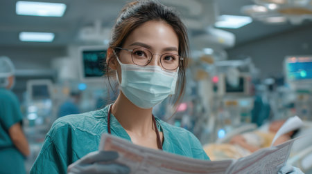 .A professional Asian female surgeon in a clean operating room, wearing glasses, mask, gloves, and scrubs, standing near a patient, reading a chartの素材