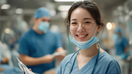Asian female surgeon in blue scrubs, glasses, and face mask standing calmly next to a patient, holding chart in a spotless modern ORの素材