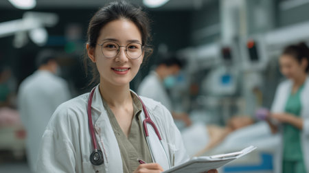 A professional Asian woman doctor in a white coat, stethoscope, and glasses, standing near a patient's bed, calmly reading a chart in a bright roomの素材