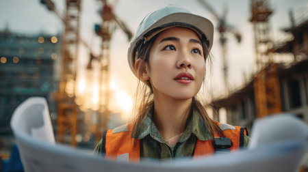 Asian female construction engineer reviewing paper blueprints at sunrise, cranes towering behind, wearing a safety helmet, high-vis vest, determined stanceの素材