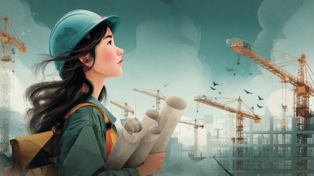Focused Asian female engineer in profile, walking confidently with paper plans, cranes and building structures towering in the distance.の素材
