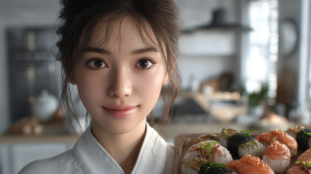 A beautiful Japanese female chef in a pristine modern white chef coat, neat hair bun, smiling softly, holding an elegant plate of assorted sushi, in a contemporary minimalist Japanese kitchen, photorealistic, high detail, soft ambient lightingの素材