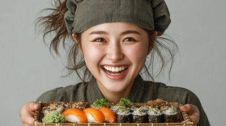 Young beautiful Japanese female chef, in a clean professional chef uniform, holding a bamboo tray of sushi rolls and nigiri, soft studio lighting, ultra high detail, contemporary kitchen backgroundの素材