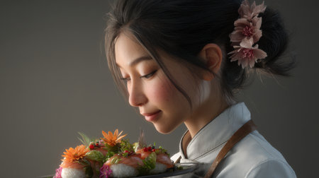 Modern Japanese female chef, hair styled in a sleek bun, smiling calmly, wearing a tailored chef jacket, holding a plate of sushi with edible flowers, photorealistic, soft glow lightingの素材