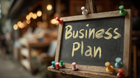 Whiteboard with 'Business Plan' heading and simple flowchart diagram markersの素材