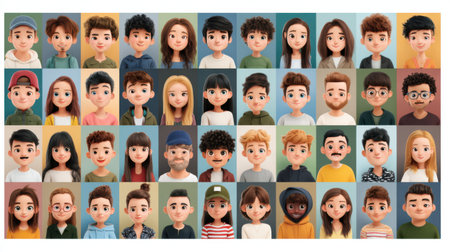 Colorful set of young men and women avatars with various hairstyles, expressions, and outfits, designed in a playful flat vector styleの素材