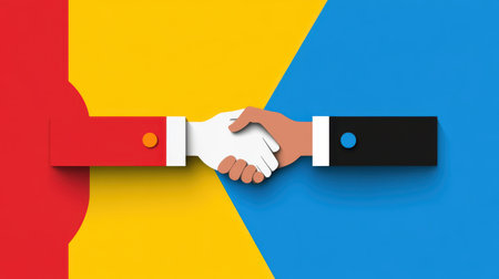 Flat vector style business handshake between two people, using geometric shapes and bold colorsの素材