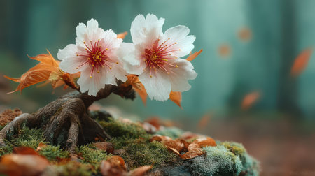Macro shot of delicate pink cherry blossoms on a bonsai tree, petals in mid-fall, serene moodの素材