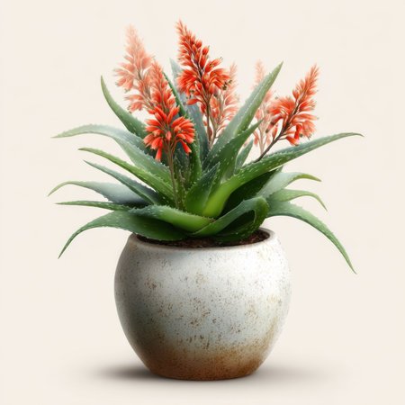 Detailed vector illustration of a flowering aloe vera in a ceramic pot on a white backgroundの素材