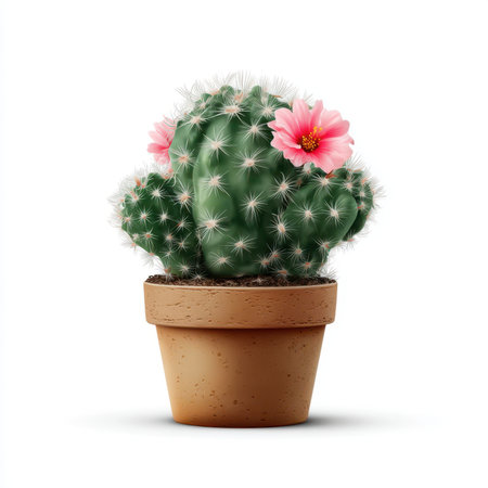 Isolated vector illustration of a cactus with a small pink flower in a pot on a white backgroundの素材