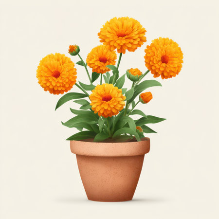 Flat vector illustration of a marigold flower blooming in a clay pot on a plain white backgroundの素材