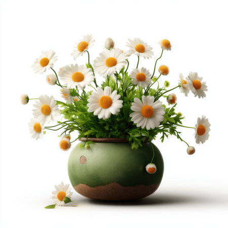 Vector art of a group of daisies in a round ceramic pot on a plain white backgroundの素材