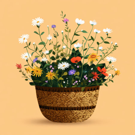 Wildflowers in a woven pot, flat vector style, no extra elementsの素材