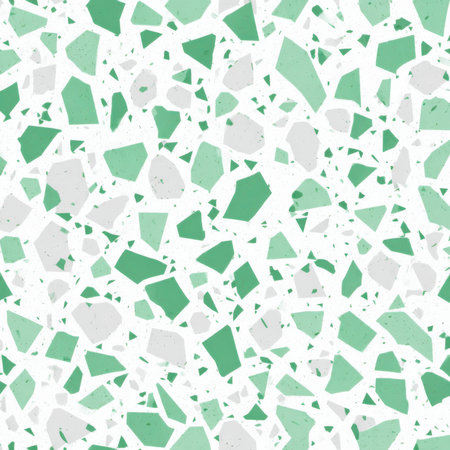 Abstract seamless terrazzo pattern with playful Mint Green geometric fragments in vivid Mint Green scattered on a clean white backgroundの素材