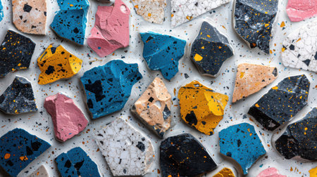 Seamless abstract terrazzo design showcasing scattered fragments in neon blue, blush pink, canary yellow, and jet black on whiteの素材