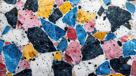 Colorful terrazzo pattern with dynamic abstract shapes in saturated blue, pink, yellow, and black on white, seamless and boldの素材