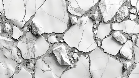 Polished seamless terrazzo pattern in grayscale tones with decorative stone flecks on a minimal white cement backgroundの素材