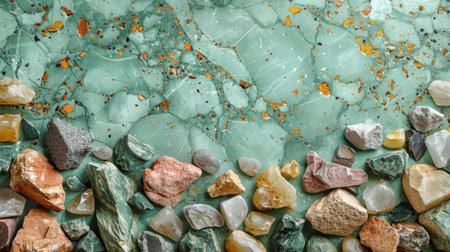 Modern terrazzo floor background in pastel mint green with scattered natural stone and marble chipsの素材