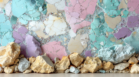 Minimal terrazzo pattern with scattered pastel stone flecks in lavender, aqua, powder pink, and cream over a seamless baseの素材
