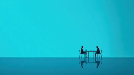 Minimal vector illustration of a business meeting scene with 3 people around a table, clean background, limited colorsの素材