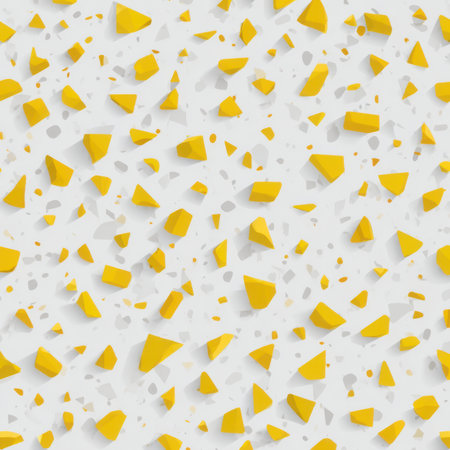 Abstract seamless terrazzo pattern with playful yellow geometric fragments in vivid yellow scattered on a clean white backgroundの素材