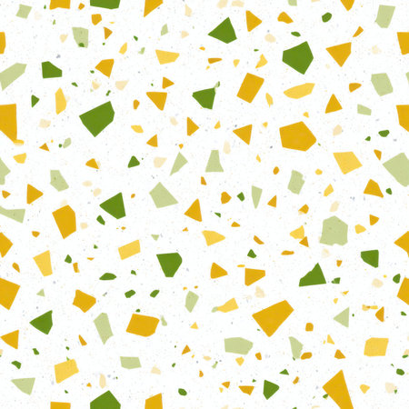 Abstract seamless terrazzo pattern with playful Soft Yellow geometric fragments in vivid Soft Yellow scattered on a clean white backgroundの素材