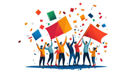 Flat vector office team celebration scene with people holding flags, charts, and geometric confettiの素材