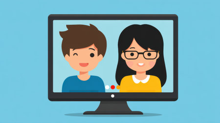 Two people video calling in flat vector style, simple faces, solid color backgroundの素材