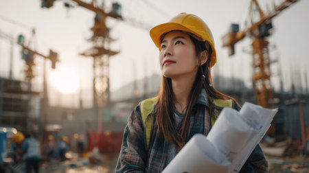 Confident Asian woman engineer leading a construction project, holding blueprints in hand, cranes and structures rising behind her, early morning lightの素材