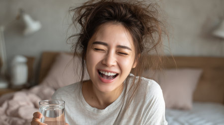 Asian woman with messy morning hair laughing while holding a glass of water, cozy bedroom backgroundの素材