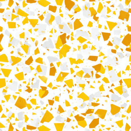 Abstract seamless terrazzo pattern with playful yellow geometric fragments in vivid yellow scattered on a clean white backgroundの素材