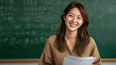 Asian woman teacher explaining lesson content on a green chalkboard, smiling warmly, holding paper notes, casual classroom styleの素材