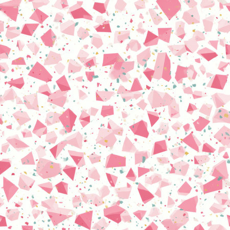 Abstract seamless terrazzo pattern with playful Pastel Pink geometric fragments in vivid Pastel Pink scattered on a clean white backgroundの素材
