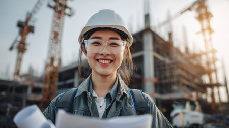 Confident Asian woman engineer leading a construction project, holding blueprints in hand, cranes and structures rising behind her, early morning lightの素材