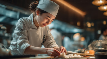 Elegant Japanese female chef in a modern white uniform, skillfully shaping sushi rice with her hands, contemporary kitchen with warm lighting, photorealisticの素材