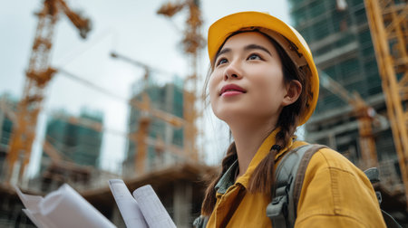 Focused Asian female engineer in profile, walking confidently with paper plans, cranes and building structures towering in the distanceの素材